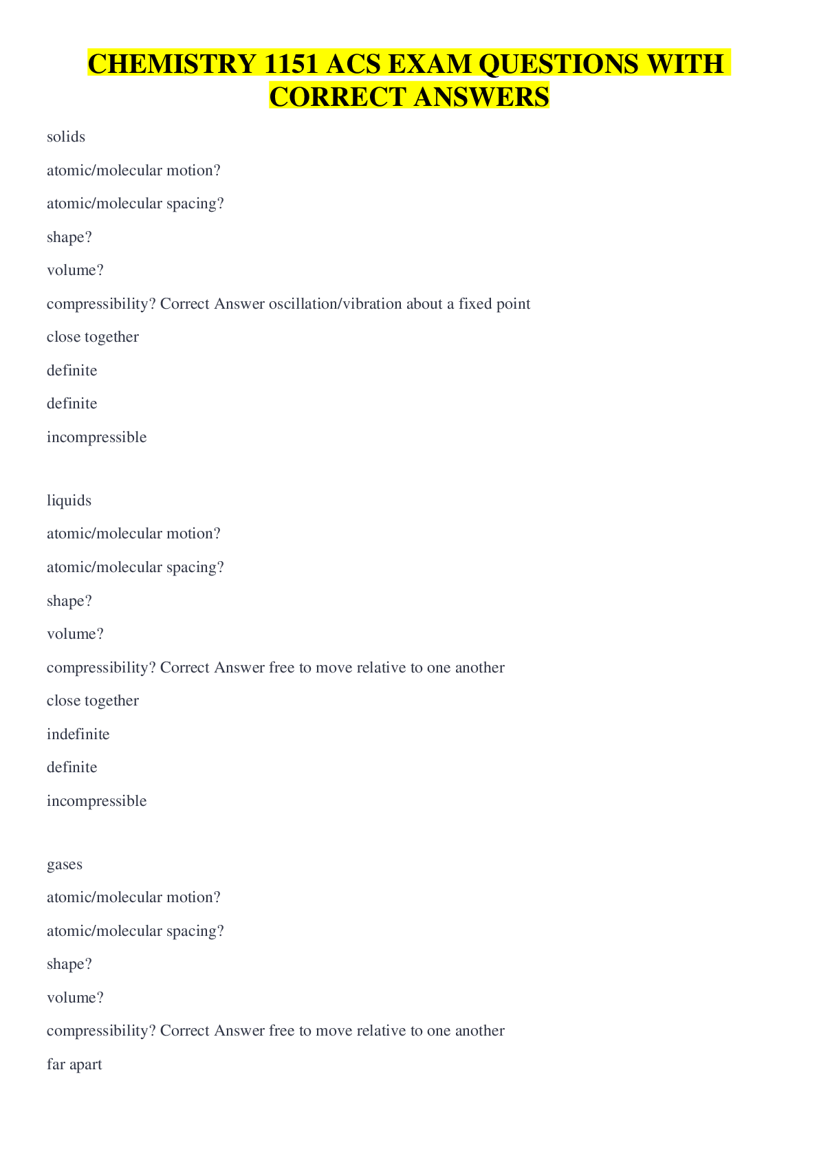 Preview image for CHEMISTRY 1151 ACS EXAM QUESTIONS WITH CORRECT ANSWERS
